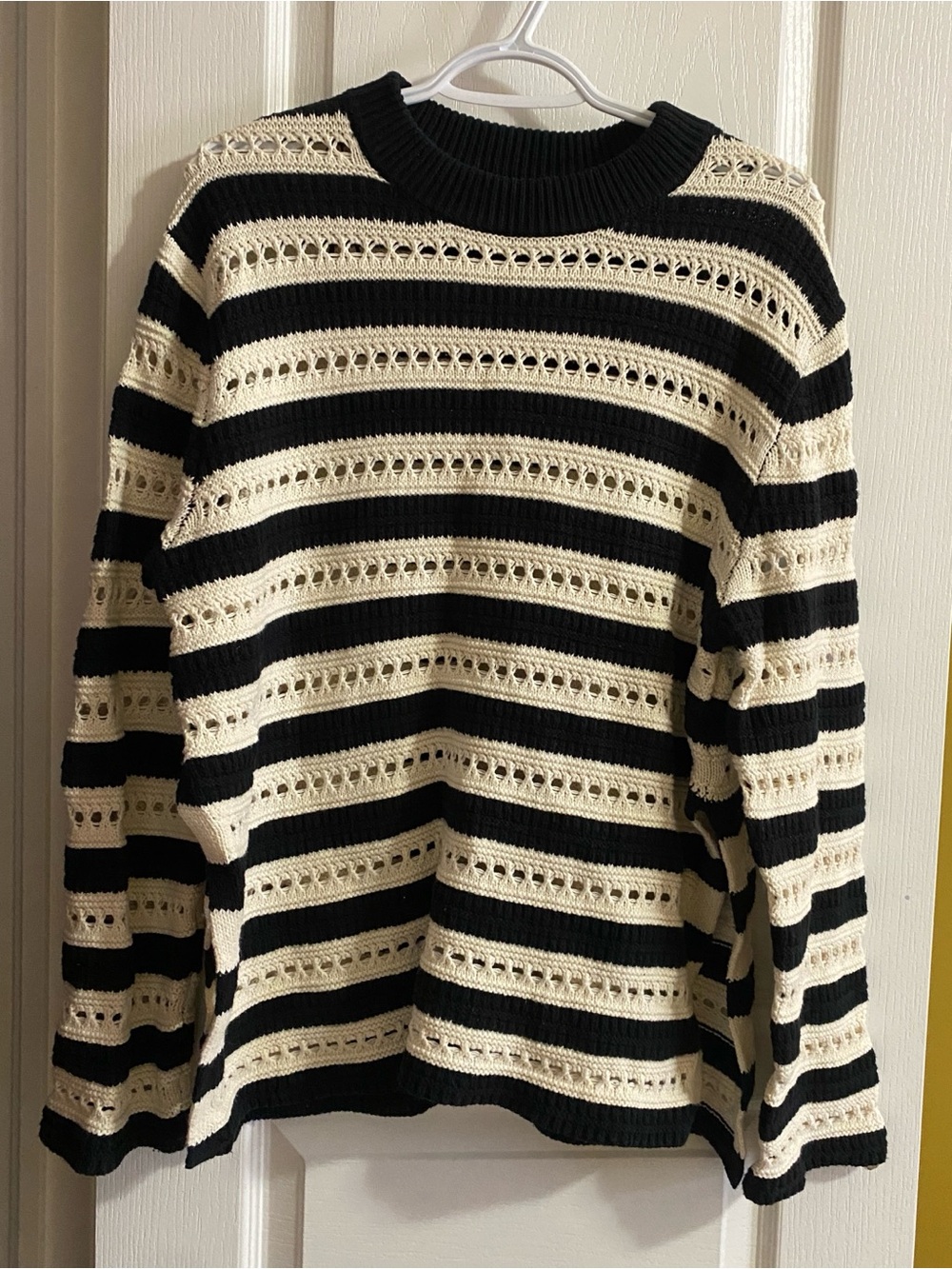 H&M Black and Cream Open-Knit Striped Crewneck Sweater
